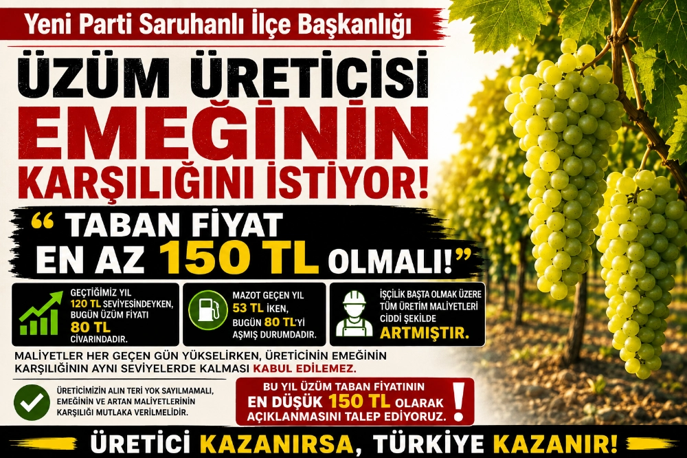 ÜZÜM ÜRETİCİSİ EMEĞİNİN KARŞILIĞINI İSTİYOR: “TABAN FİYAT EN AZ 150 TL OLMALI”